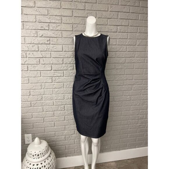 Maggy London Women Stretchy Ruched  Sheath Dress With Yellow Back Zipper Size 4 - Picture 3 of 12